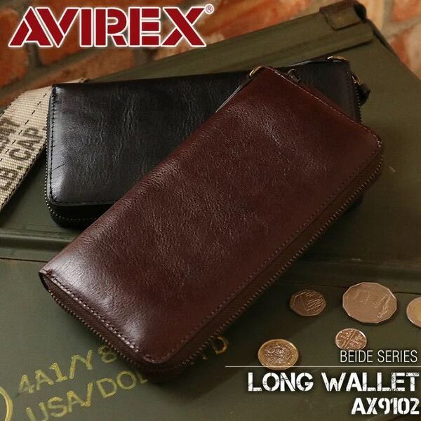 ラウンドファスナー 長財布 小銭入れあり AVIREX BEIDEシリーズ AX9102 アヴィレックス バイド レザー 本革 牛革 イタリアンレザー クロ