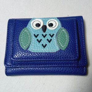 新品 ふくろうパッチワーク財布 三つ折り財布 コンパクト財布 ウォレット 大きく開く小銭入れ ネイビーブルー