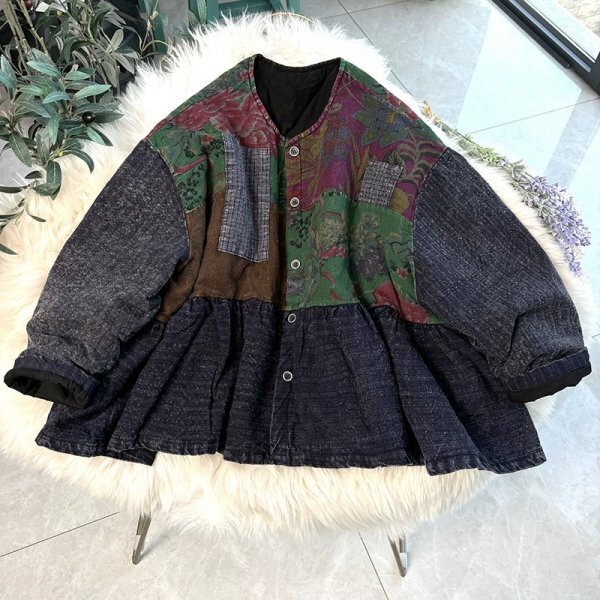 gl コート 羽織物 中綿 前開け 洋服ミックス アンティーク風 ロマンファッション 縫い合わせ 綿100% 暖かい 裾広がる 花柄