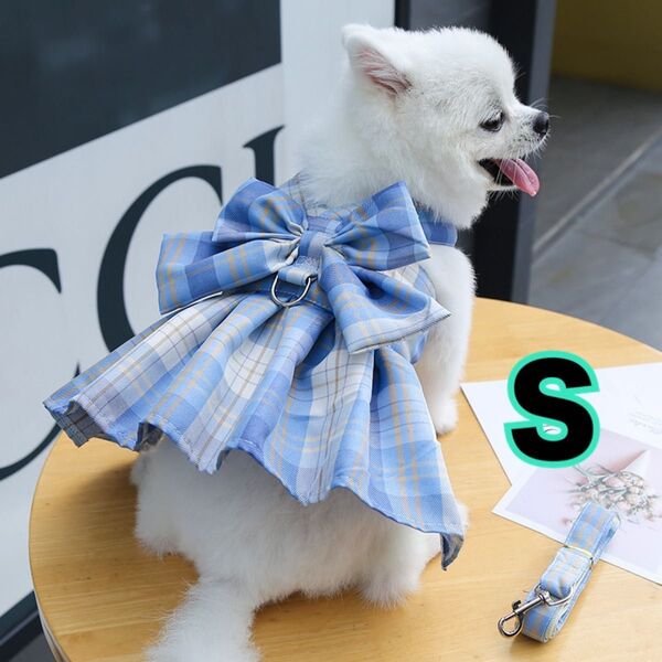S リボン ドレス ハーネス リード 付 チェック ペット 犬 猫 511