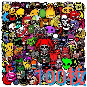 ホラーフェイス ステッカー【100枚】防水 シール ドクロ ゾンビ ニコちゃん ハロウィーン ハロウィン 骸骨 スマイリー