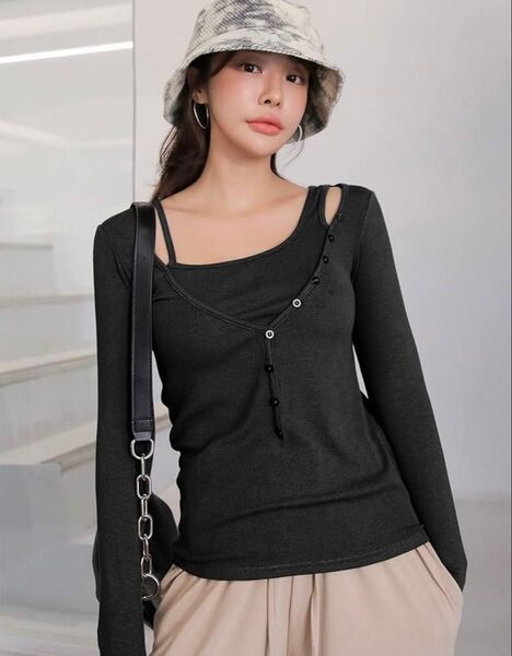 DAZY 2IN1ボタンデザイン リブTシャツ SHEIN