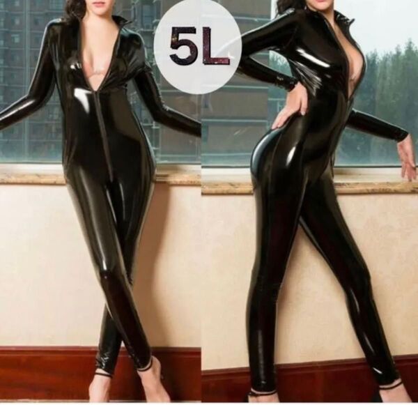 5L 4XL 光沢 PUレザー ボディスーツ キャットスーツ セクシー 女王様 ボンテージ ブラック 黒 峰不二子 XXXXL
