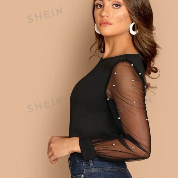 美品 SHEIN Priv 人工パール シアーメッシュスリーブ トップス