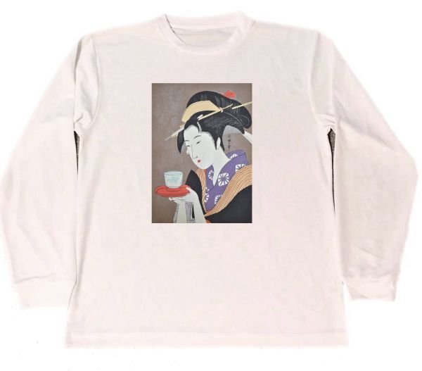 北川歌麿干T恤南波屋冲田美実画名作绘画浮世绘长款T白色, 中等大小, 圆领, 信, 标识