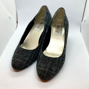 ラウンドトゥ ユーズド パンプス ハリスツイード グレー 中古
