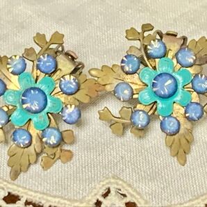 ヴィンテージ フラワー イヤリング ターコイズ色