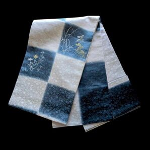 うさぎ模様 市松 ネイビー シルバーグレー 袋帯 洒落帯 リバーシブル 正絹 新品