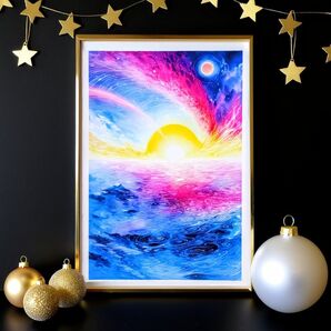 絵画「流れ星」 A4 額無し 風景画 インテリア 抽象画 星 夜空 月 海 流星 雲 光 紫 青 渦 黄
