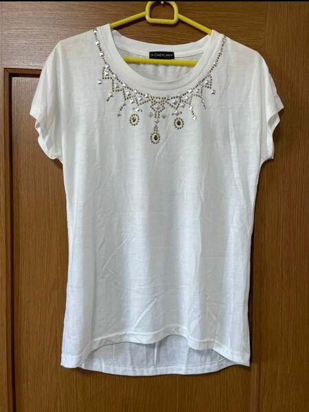 ホワイト Tシャツ ビジュー トップス 半袖カットソー 半袖