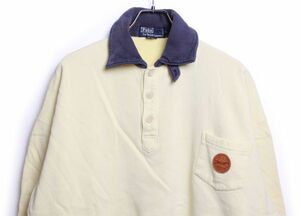 90's ポロラルフローレン 襟付き ボタン留め 2トーン スエットシャツ (XL) チンスト レザーパッチ付き 90年代 Polo Ralph Laure