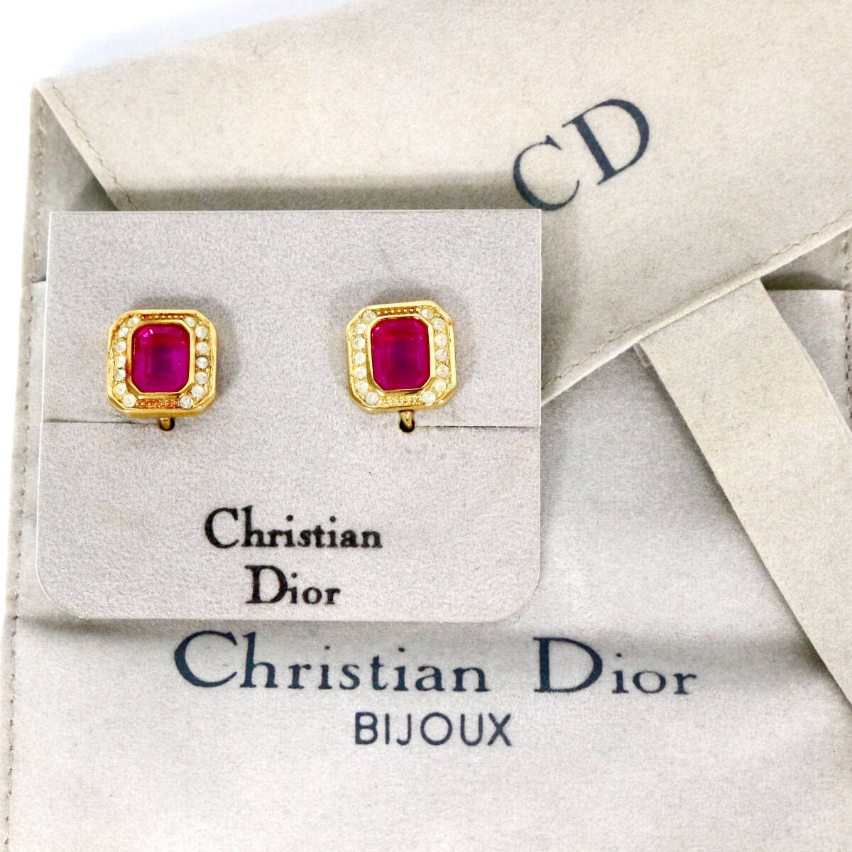 美品 クリスチャンディオール イヤリング ルビー モチーフ ビジュー ゴールド ピンク Christian Dior