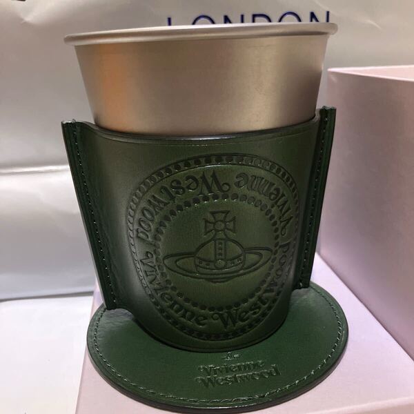 送料込●元箱付新品●Vivienne Westwood ステンレスカップ グリーンA 本革コースター付 ヴィヴィアン ウエストウッド ビビアン レザー