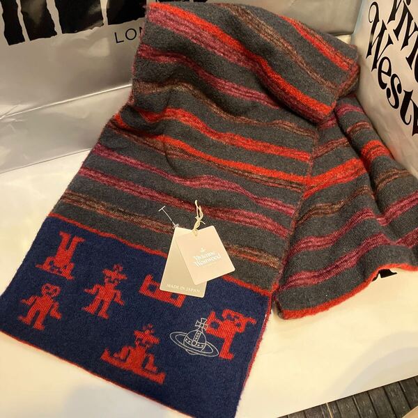 送料込●新品●Vivienne Westwood マフラー ウールアクリルナイロン 緑赤×紺 ヴィヴィアンウエストウッド ビビアン ユニセックス 日本製
