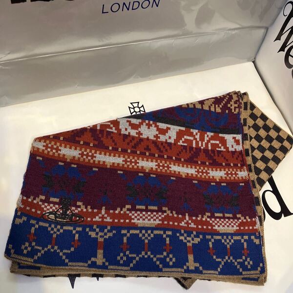 送料込●新品●Vivienne Westwood マフラー ウール100% 青×赤 格子柄茶チェックヴィヴィアンウエストウッド ビビアン ユニセックス 日本製