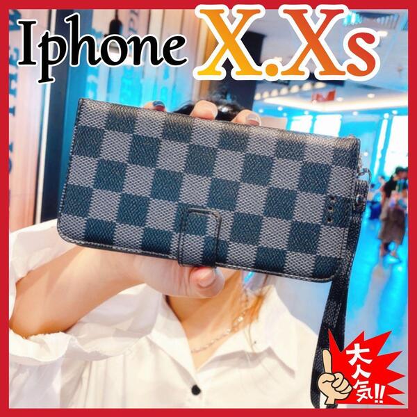 大人気 iPhoneX iphoneXs ケース手帳型 黒色 チェック柄 アイホンX アイホンXs カバー ブラック カード収納 おしゃれ ノーブランド