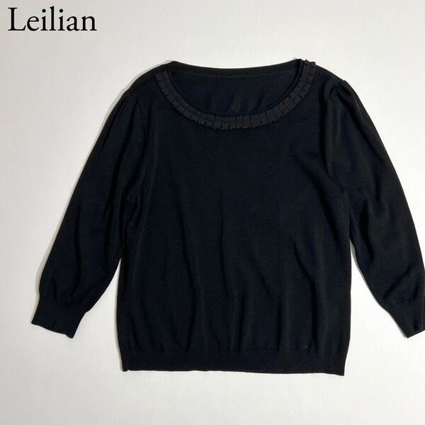 良品 Leilian レリアン ニット セーター ラウンドネック ブラック トップス 7部袖 9 レディース