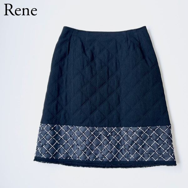美品 Rene ルネ フレアスカート キルティングスカート 膝丈 ブラック ホワイト 刺繍TISSUE社製生地 38 レディース