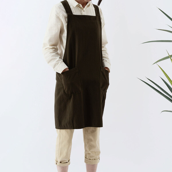【新品・未使用】エプロン レディース コットン 被るだけ ナチュラル クロスエプロン ワークエプロン 作業用 ポケット付き ダークブラウン