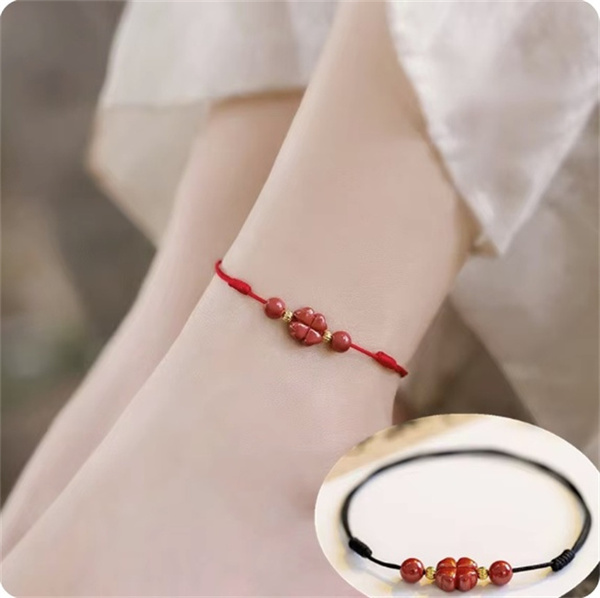 SSP237 アンクレット ワックスコード ペア メンズ / レディース ユニセックス シンプル アクセサリー ジュエリー 四つ葉 クローバー 朱砂