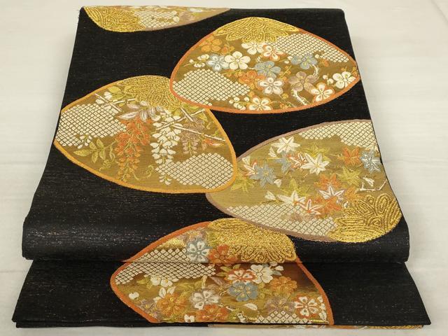 袋帯 美品 秀品 向かい鶴菱 若松菱 金糸 唐織 ベージュ 六通