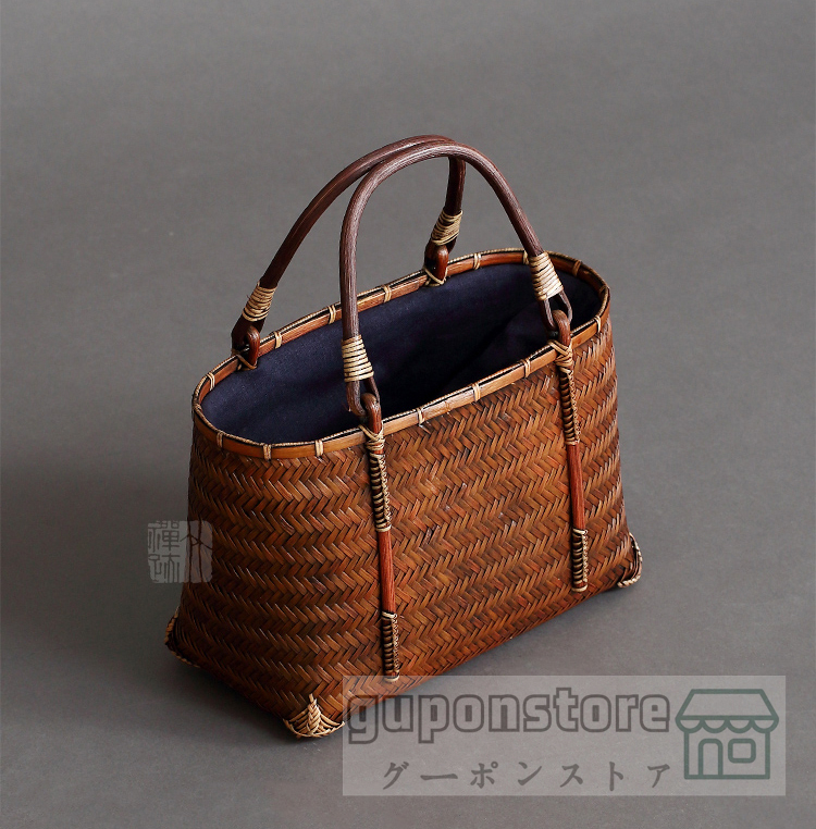 特売！ 美品 手作り竹バスケット 収納バッグ普段使い良品 大容量 夏のお花火に着物に最適バック 茶色