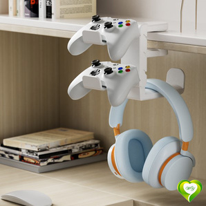 デスク下収納ラック ヘッドホンハンガー コントローラー/ヘッドホン スタンド 360度回転 安定性 滑り止め 幅広く機種に対応 白 ホワイト
