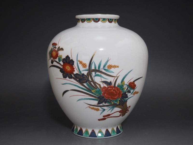 C0484 有田焼 陶扇 作 錦絵 花束 花瓶 共箱付 ☆ 花道具 華道具