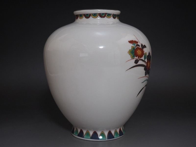 C0484 有田焼 陶扇 作 錦絵 花束 花瓶 共箱付 ☆ 花道具 華道具