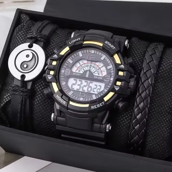 ◆送料無料◆新品◆メンズ腕時計 G-SHOCKオマージュ ファッションデジタル カレンダー黒革ブレスレットセット