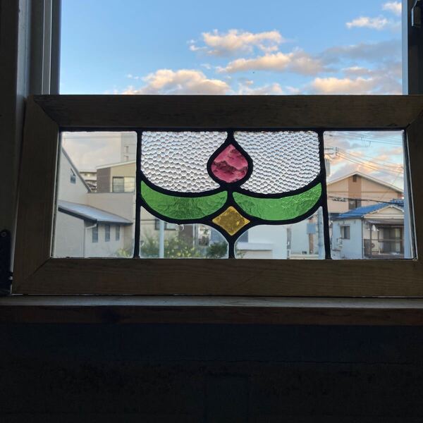 8s-1398 アンティークステンドグラス 花草柄/格子柄/上下使い可 1920年代英国製/イギリス製