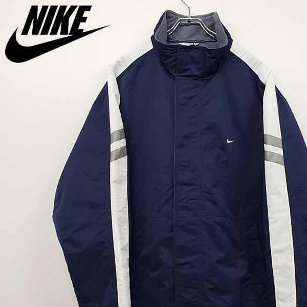 【古着】ナイキ NIKE 刺繍ロゴ ナイロンジャケット ネイビー×ホワイト L