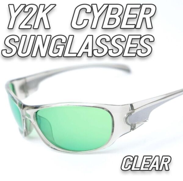 Y2K サングラス クリアフレーム サイバーパンク グリーンレンズ ユニセックス メンズ レディース 00s archive