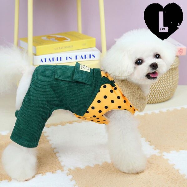 L リードフック付き コーデュロイ カバーオール (緑) 犬服 犬の服 ペット服 ロンパース ペット用品 水玉 袖なし つなぎ オーバーオール