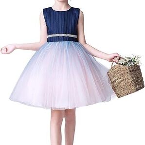Weileenice 子供 ピンク ネイビー グラデーション ドレス 女の子 発表会 結婚式 コンクール ドレス 長袖 ノースリーブ キッズ フォーマル