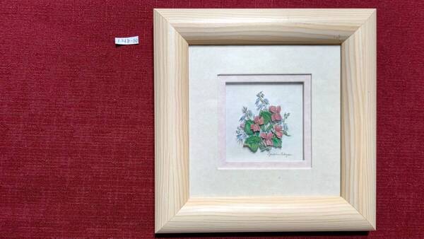 1218-10 英国製 Asmara ハンドメイド デコパージュ 額絵(木枠18×18㎝絵6×6㎝)Christine Coleyan サイン入り 草花