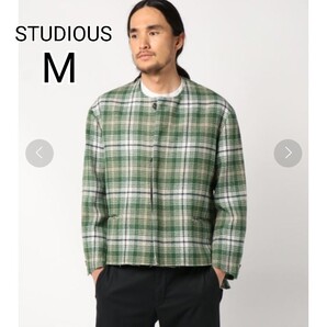 ★美品【M】ステュディオス Kreepe ウールチェックノーカラージャケット 緑
