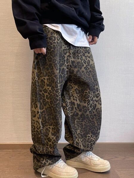 ヒョウ柄 デニムパンツ XL カジュアル レトロ ストリート ワイドパンツ