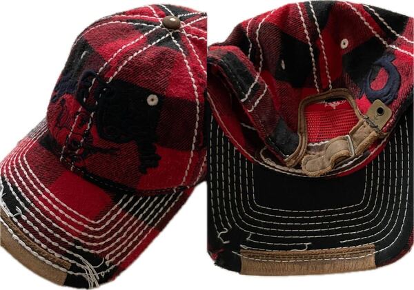 レア 美品 Y2K トゥルーレリジョン クラッシュ加工 バッフォローチェック トラッカーキャップ グランジ True Religion ロゴ刺繍 used加工