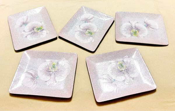 七宝焼 胡蝶蘭 ピンク角皿 和菓子皿5枚 美術工芸品