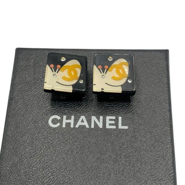 【良品】シャネル CHANEL 07P ココマーク バタフライ スクエア イヤリング 蝶 ラインストーン