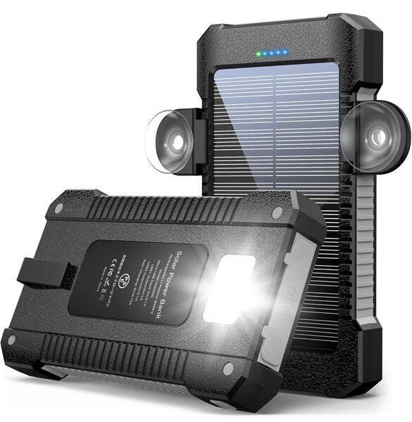 モバイルバッテリー ソーラー 充電器 高輝度LEDライト付きソーラー充電器 2USB出力ポートIP67防水 耐衝撃 ソーラーパネル 電池式