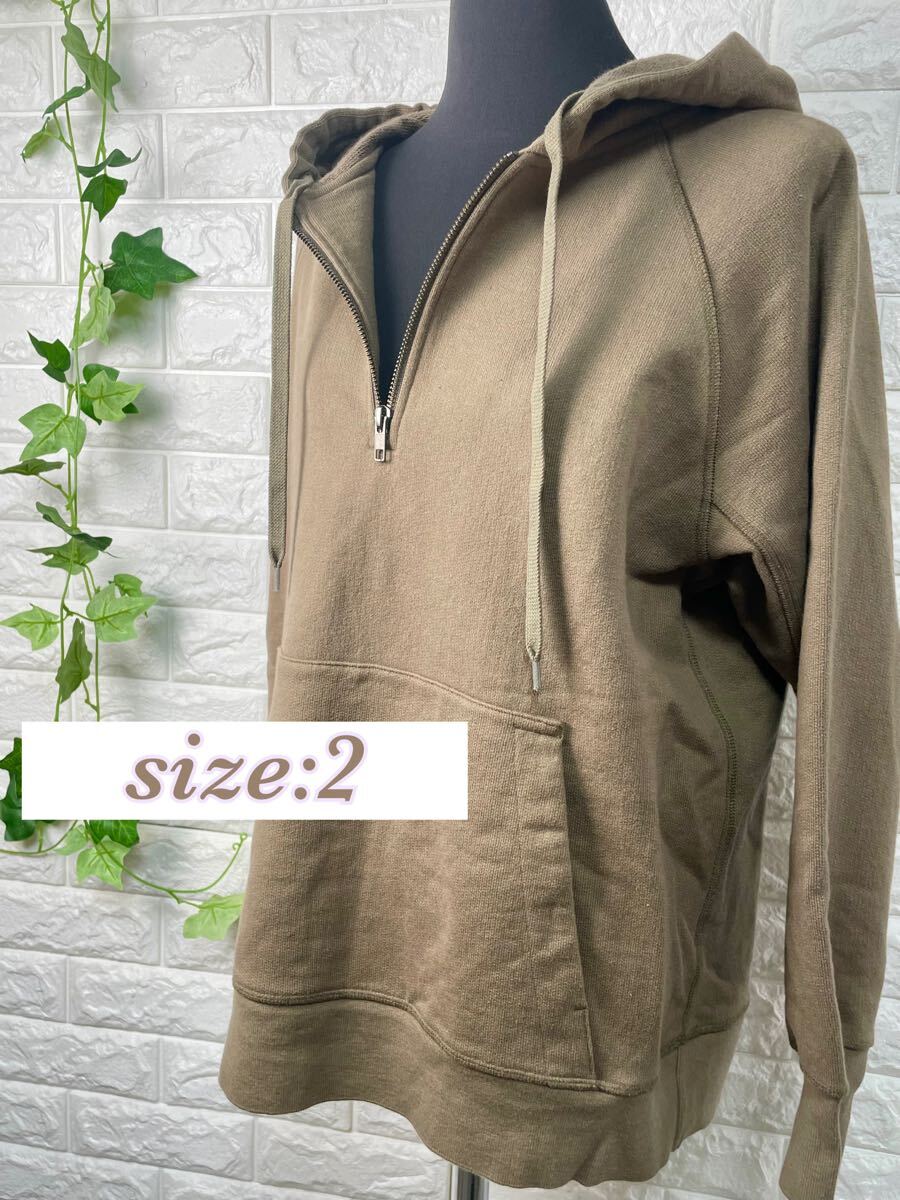 ★レディース MARGARETHOWELL コットンパーカー 品番595-3269511 カーキ ハーフジップ サイズ2(M相当) 081224-004