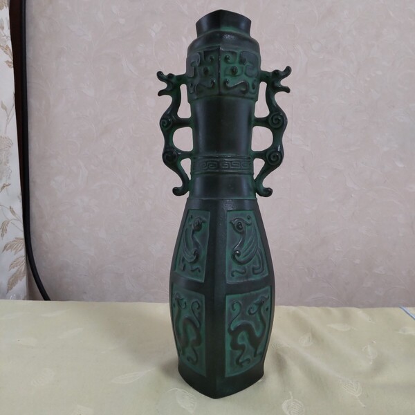 青銅器 青龍双耳 饕餮 鳥獣文 吉祥文 花器 銅製 重さ833g 高さ26cm