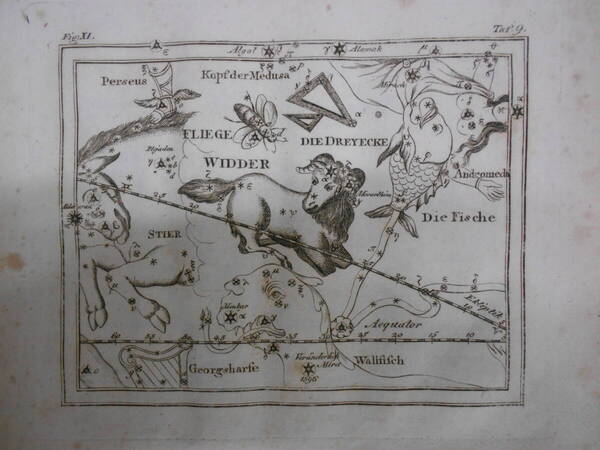即決1805年ドイツ『メイシナー星図帳PL9牡羊座』天球図 天文 アンティーク 星図、星座早見盤Astronomy, Star map, Planisphere