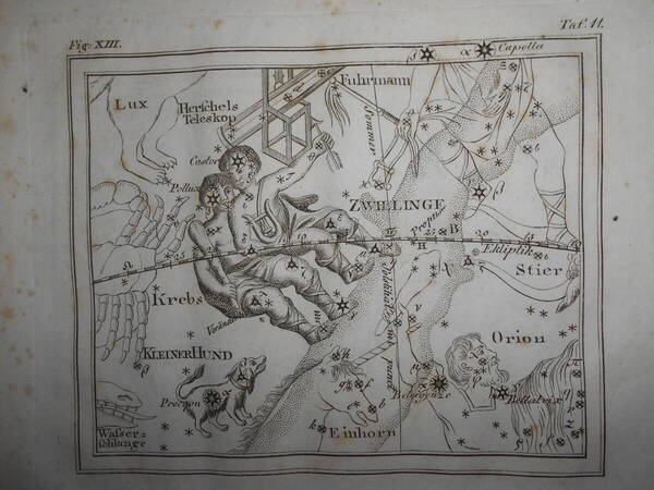 即決1805年ドイツ『メイシナー星図帳PL11双子座』天球図 天文 アンティーク 星図、星座早見盤Astronomy, Star map, Planisphere