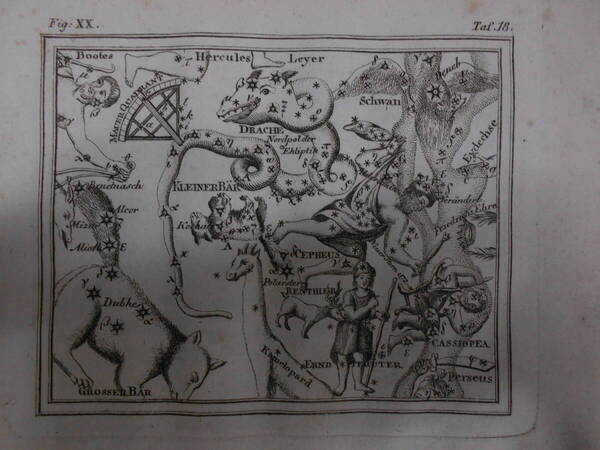 即決1805年ドイツ『メイシナー星図帳PL18小熊座龍座』天球図 天文 アンティーク 星図、星座早見盤Astronomy, Star map, Planisphere