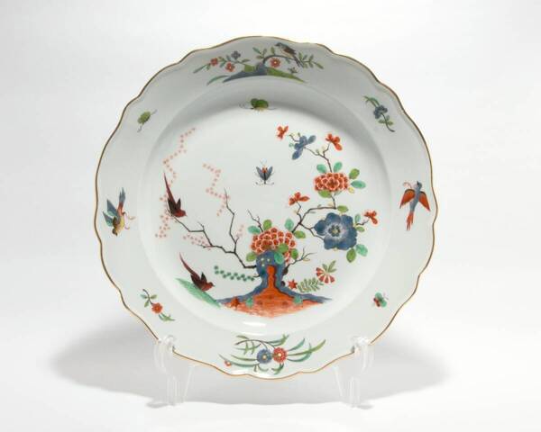 古マイセン 金彩 柿右衛門写し 色絵岩花鳥虫絵図 19C末 大皿 直径 34.5センチ