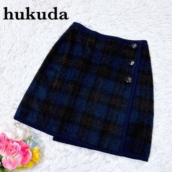 ■ hukuda フクダ モヘヤ混 ラップスカート ミニスカート 台形 チェック ウール 毛 サイズ38 M ネイビー 紺 レディース