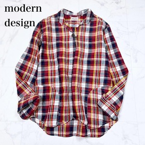 ● moderndesign モダンデザイン プルオーバー リネン 麻 シャツ ギンガムチェック サイズ 2 M レディース 赤 紺 ネイビー 白 ホワイト